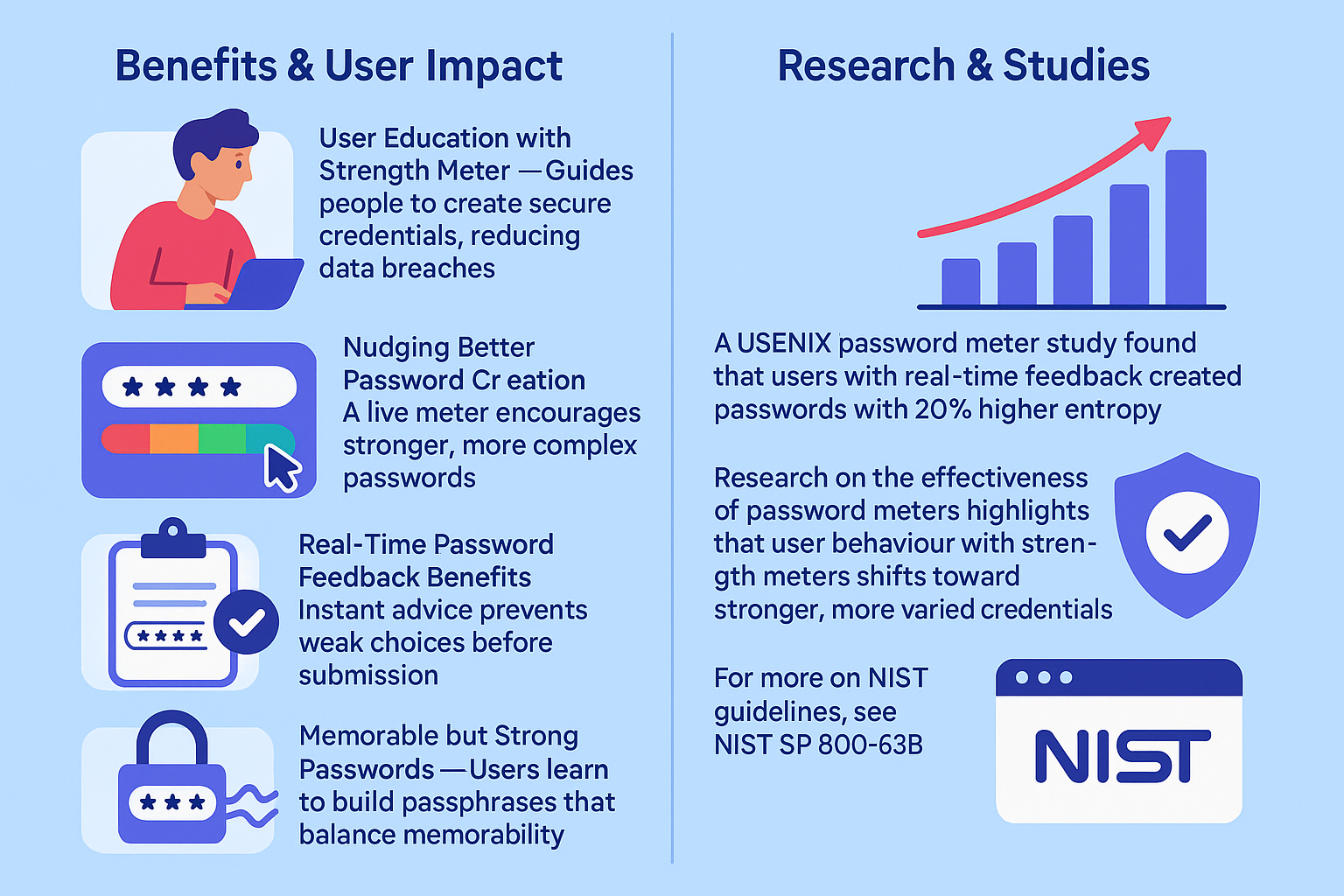 User Education with Strength Meter – Guides people to create secure credentials, reducing data breaches.


Nudging Better Password Creation – A live meter encourages stronger, more complex passwords.


Real-Time Password Feedback Benefits – Instant advice prevents weak choices before submission.


Memorable but Strong Passwords – Users learn to build passphrases that balance memory and security.


Consequently, a password meter encourages strong passwords, which improves password security and lowers the risk of hacks.

Research & Studies
Several studies confirm their value:
A USENIX password meter study found that users with real-time feedback created passwords with 20% higher entropy.


Research on the effectiveness of password meters highlights that user behaviour with strength meters shifts toward stronger, more varied credentials.


For more on NIST guidelines, see NIST SP 800-63B.

