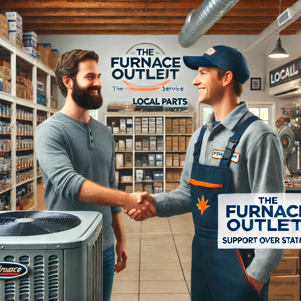HVAC technician and homeowner shaking hands with stocked parts shelves in background, representing local support, The Furnace Outlet branding."