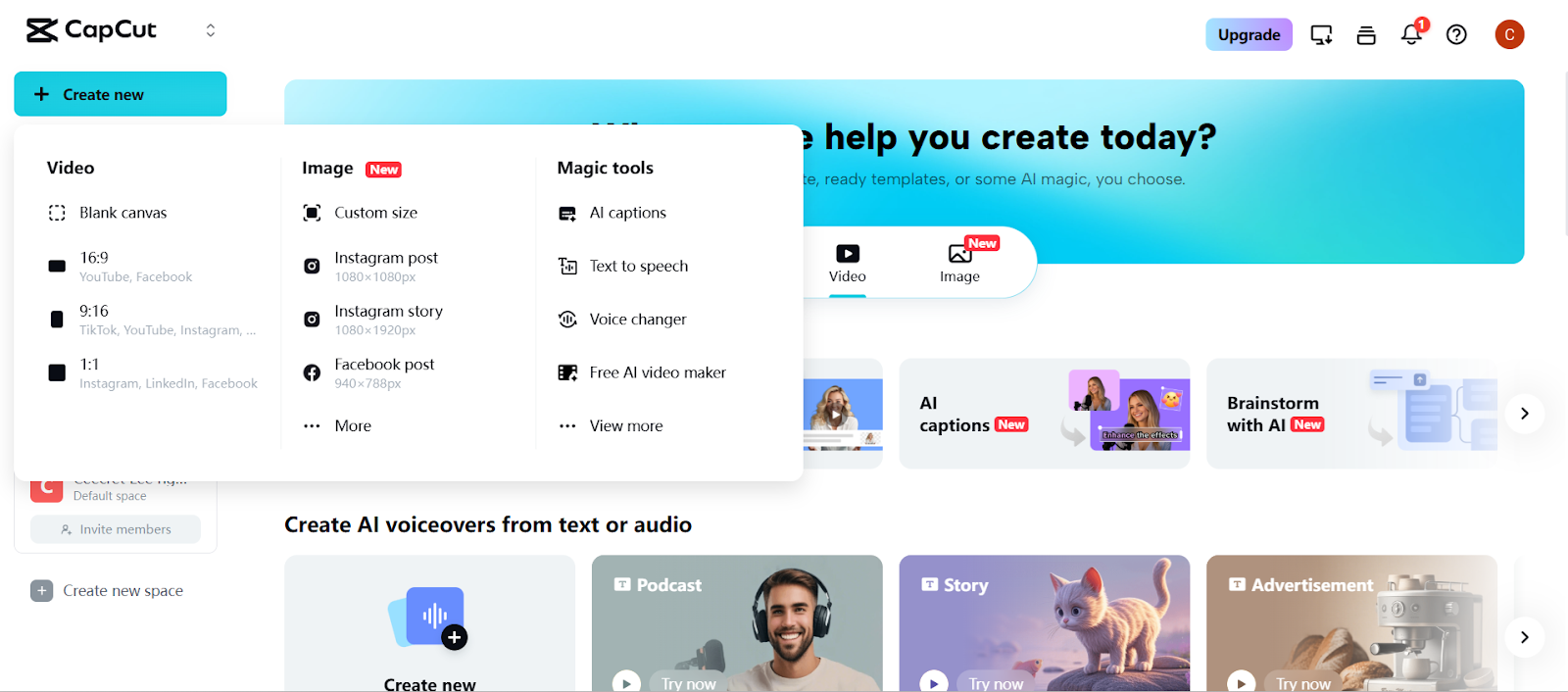 CapCut dashboard showing video, image, and AI editing tools.