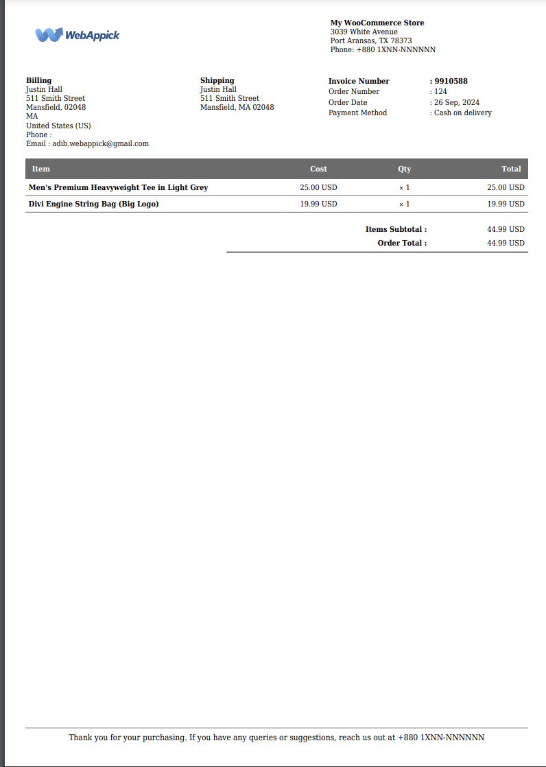 free custom Woocommerce PDF invoice