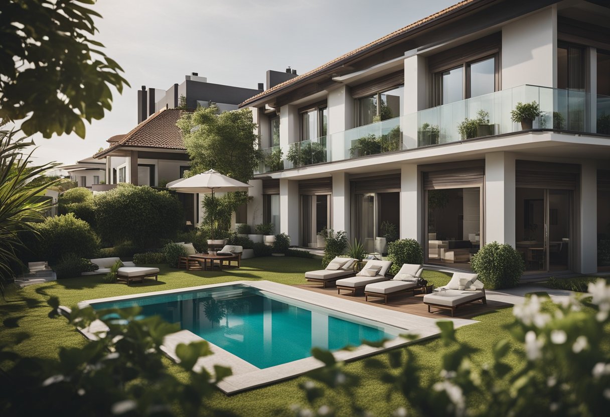 A villa with a spacious garden contrasts with an apartment building in a bustling city. The villa exudes luxury and tranquility, while the apartment represents urban living and convenience