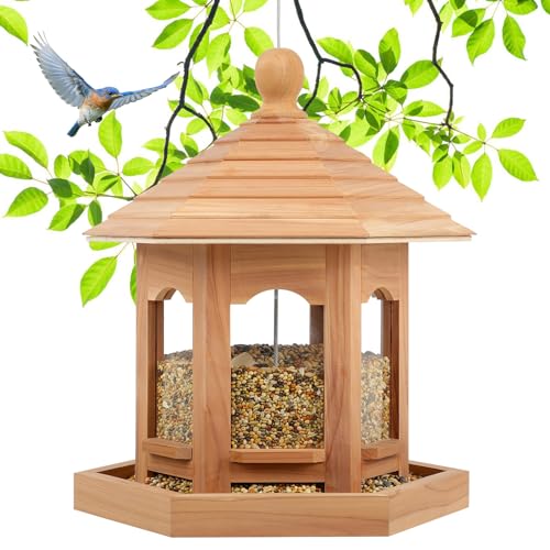 Liawm Wooden Bird Feeder for Outdoors Hanging, Red Cedar Hexagon Shaped Large Capacity, Cardinal Birdfeeder for Garden Decoration Yard, Weatherproof and Durable(Medium)