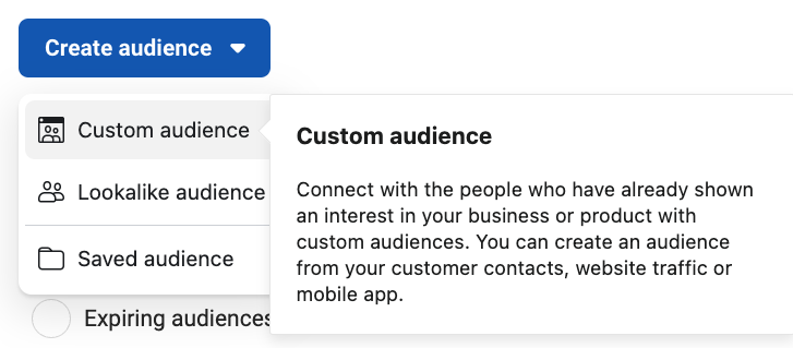 A screenshot of Meta’s custom audience button and drop down options. The image shows the drop down option for custom audiences, lookalike audiences, and saved audiences, along with their details in writing.