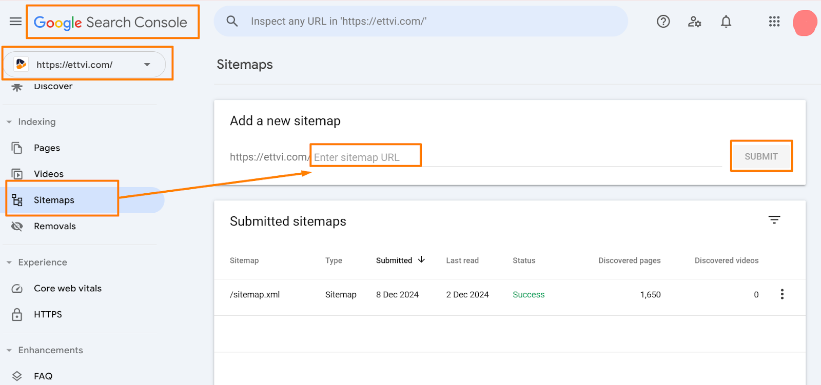 submitting an xml sitemap to google search console screenshot