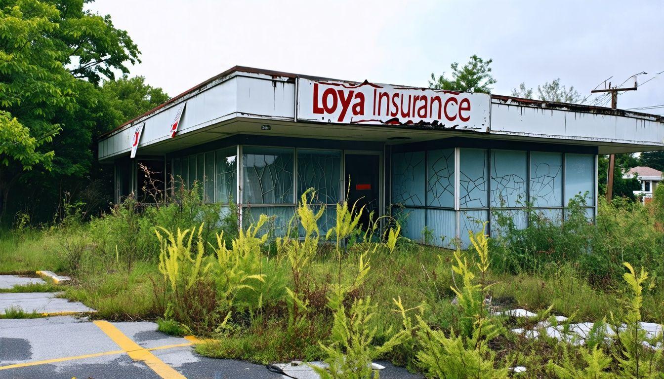 An abandoned insurance office with overgrown weeds and cracked windows.