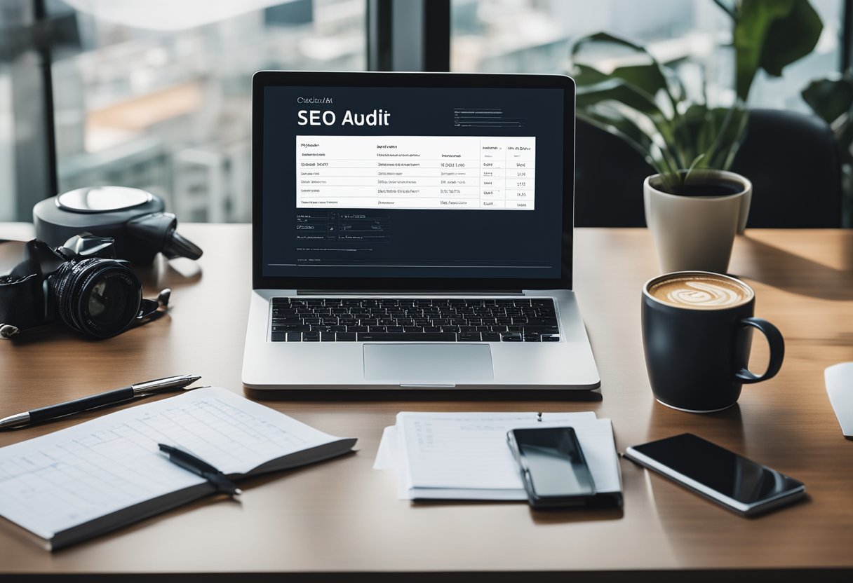 A desk with a laptop, notepad, and pen. A checklist of SEO audit criteria. Charts and graphs on the wall