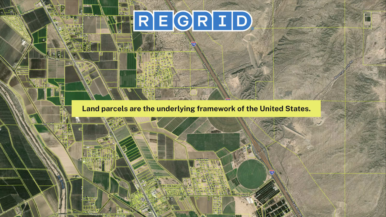 An image of land with the text 'Land parcels are the underlying framework of the United States.'