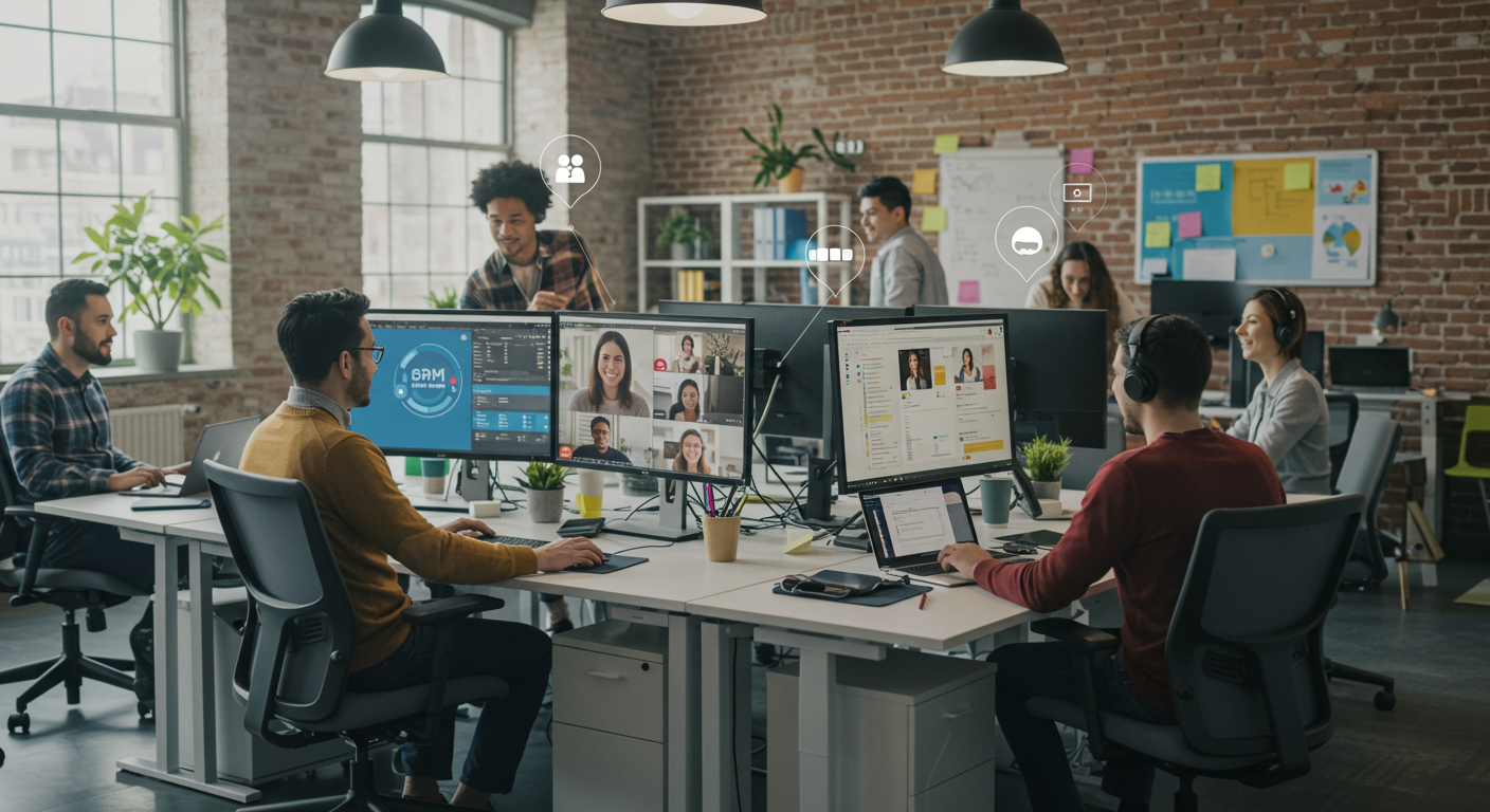A hybrid office setting where team members collaborate over voice, video, and chat using UCaaS features from a VoIP reseller provider.