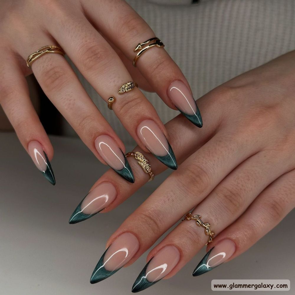 Winter and Fall Dark Green Nails having Magnetic Charm
