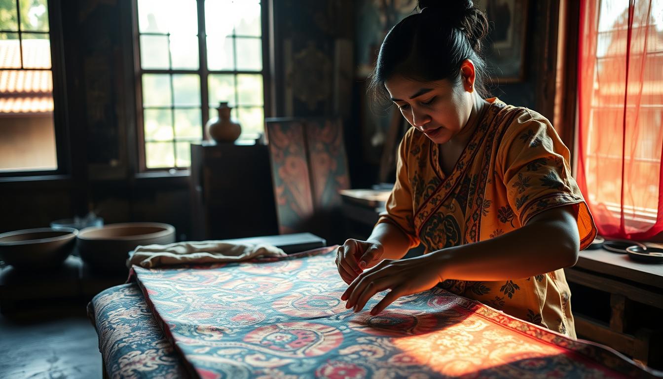 A traditional Javanese artisan carefully applies vibrant dyes to a delicate batik fabric, meticulously preserving the intricate patterns and techniques passed down through generations. The artisan's skilled hands guide the wax-resist process, creating a mesmerizing blend of colors and textures that celebrate the rich cultural heritage of Indonesian batik. In the dimly lit studio, soft natural light filters through the windows, casting a warm, ethereal glow on the artisan's focused expression and the unfolding work of art. The background features a backdrop of traditional Javanese architectural elements, hinting at the deep roots of this timeless craft. This scene encapsulates the dedication and commitment to preserving the timeless artistry of batik, as embodied by the work of Diah Tantri.