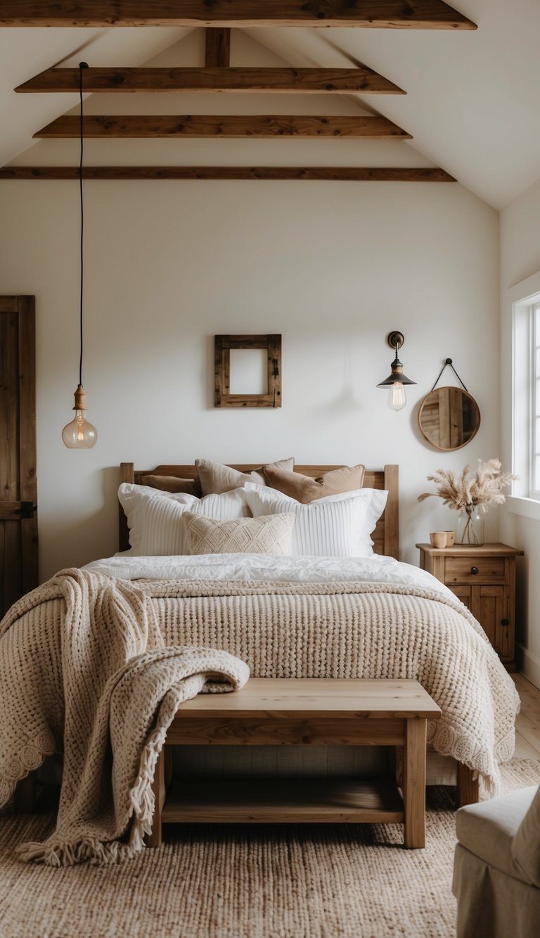 A cozy country farmhouse bedroom with cotton knit bedding, rustic wooden furniture, and soft natural lighting