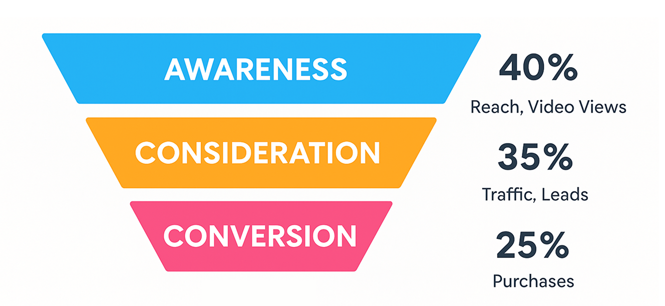 Campaign funnel chart showing Awareness, Consideration, and Conversion stages with budget percentages and campaign objectives