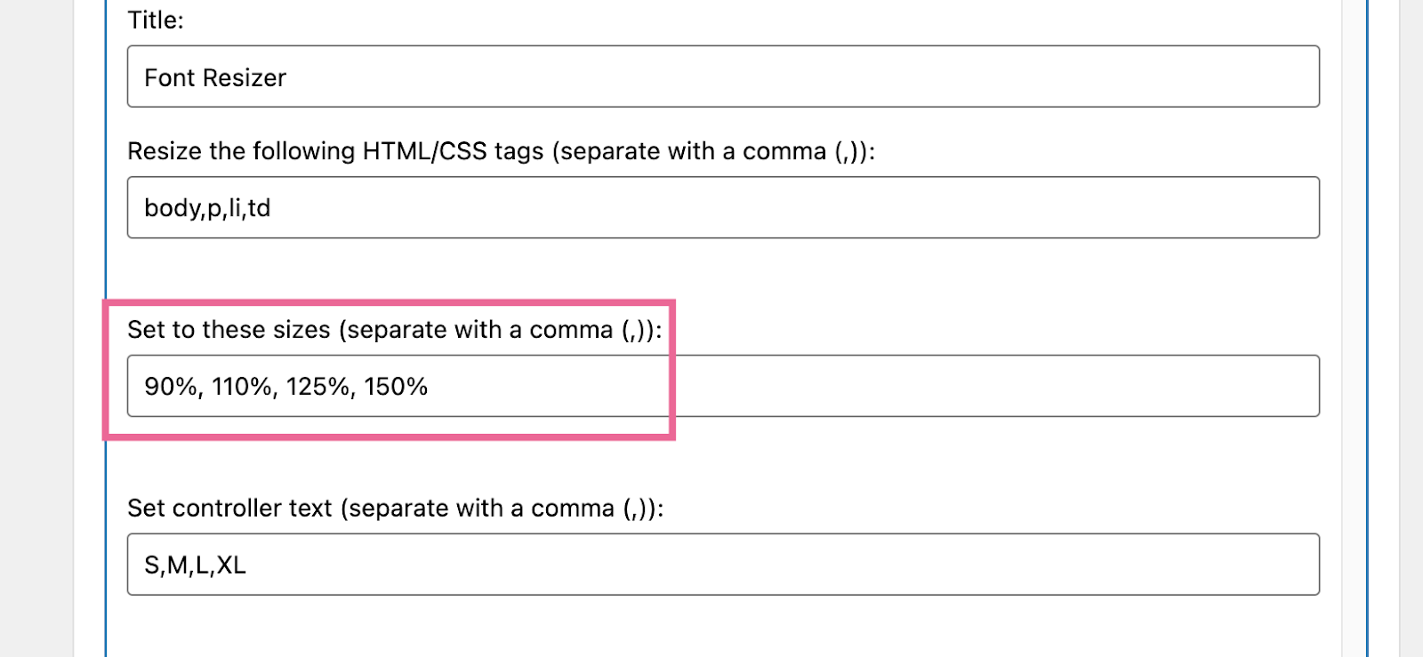 Editando el widget "Accessibility Widget" en WordPress. El usuario está editando los incrementos de tamaño de fuente para cada botón 