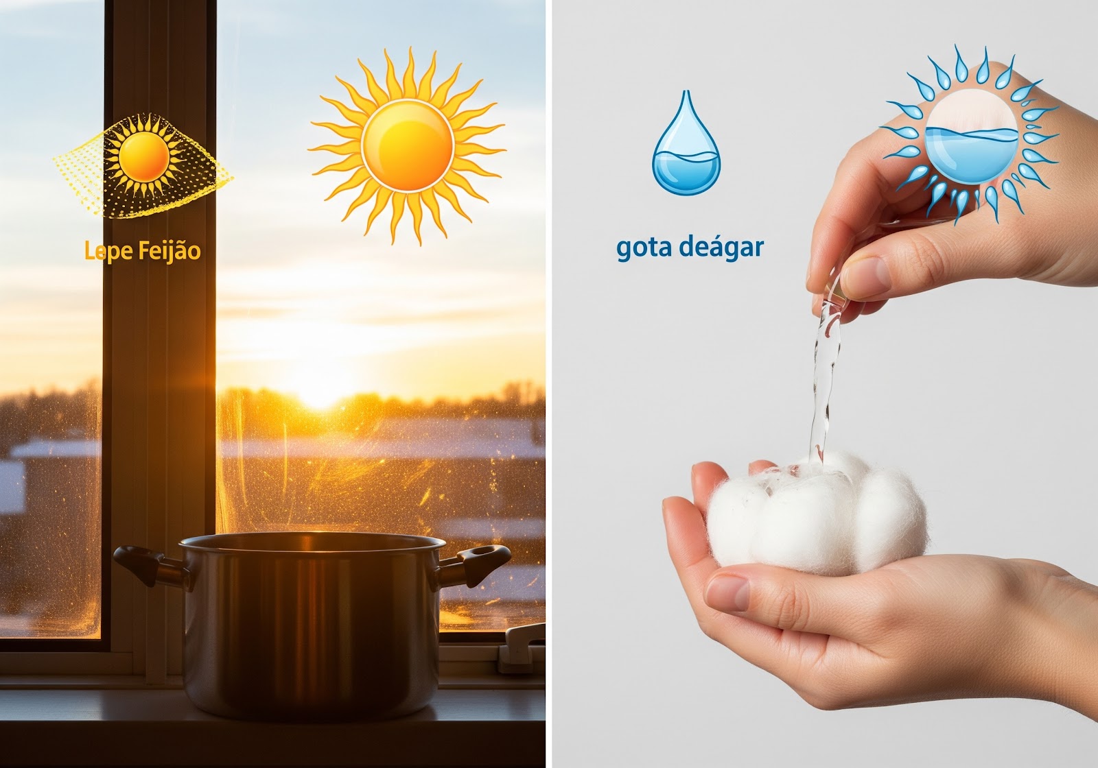 Uma imagem dividida em duas: de um lado, o pote de feijão em uma janela ensolarada com um ícone de sol. Do outro, uma mão borrifando água no algodão com um ícone de gota d'água. O estilo deve ser claro e didático.