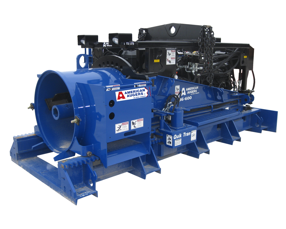 American Augers 36/42-600E boring machine used for underground utility installations in rural areas, offering powerful and precise boring capabilities for fiber-optic cable projects and telecom infrastructure.