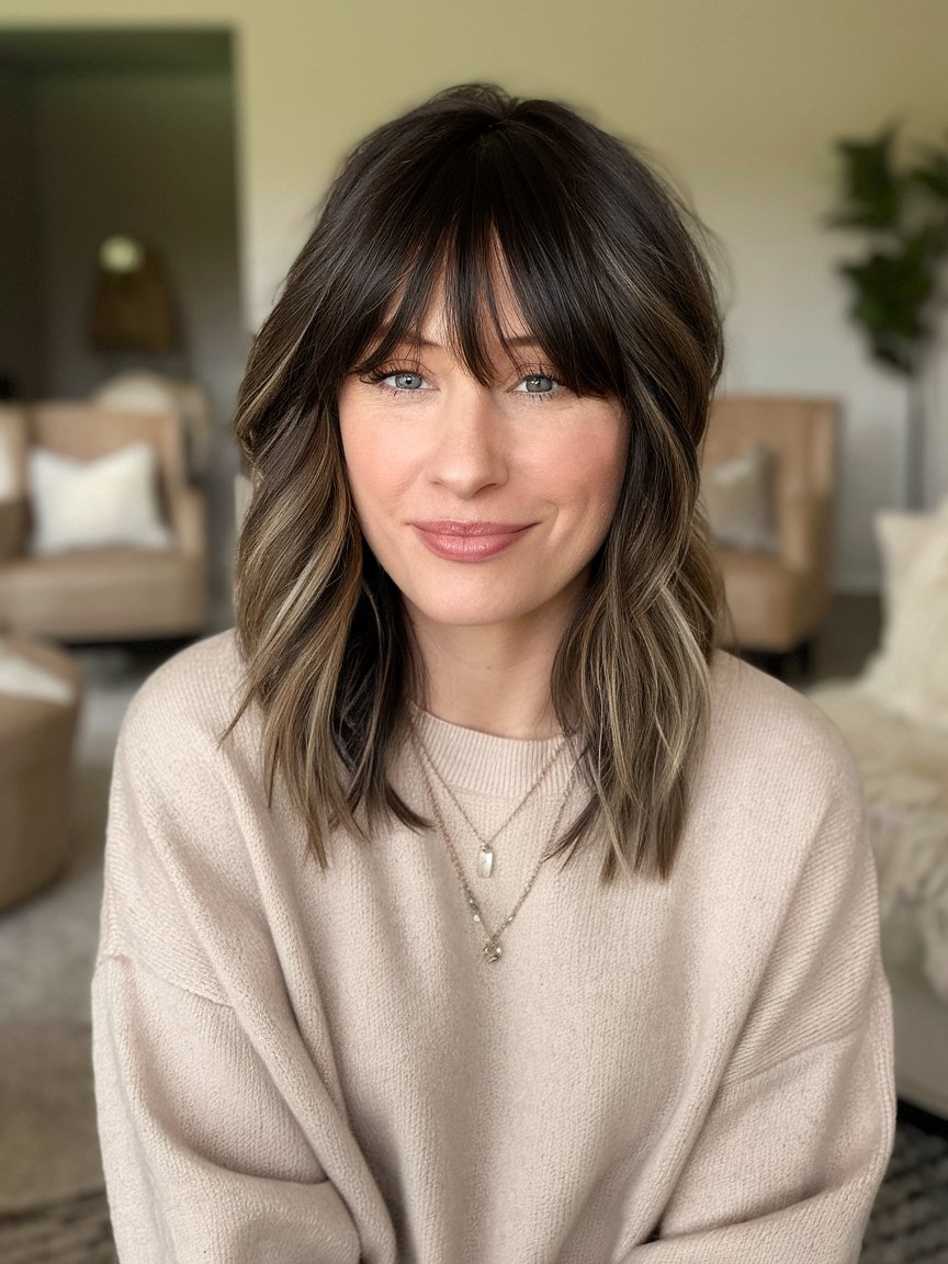 43. Shoulder-length layers with Bangs