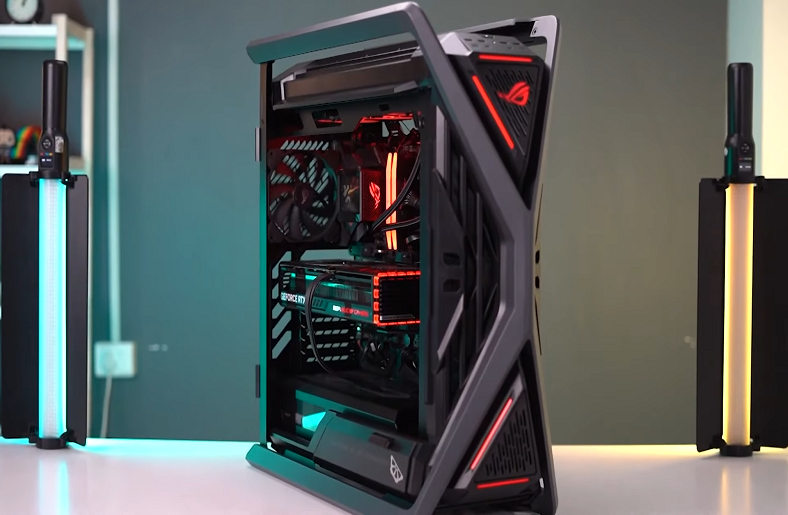 A gaming PC case with RGB lighting.








