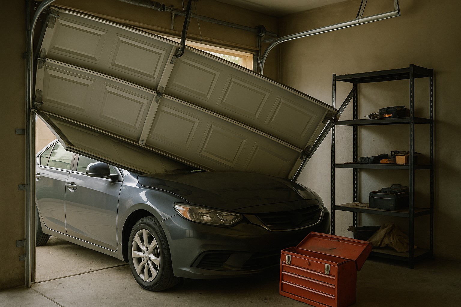 Garage door collapsed onto parked car due to malfunction, showing urgent need for professional garage door service and repair.