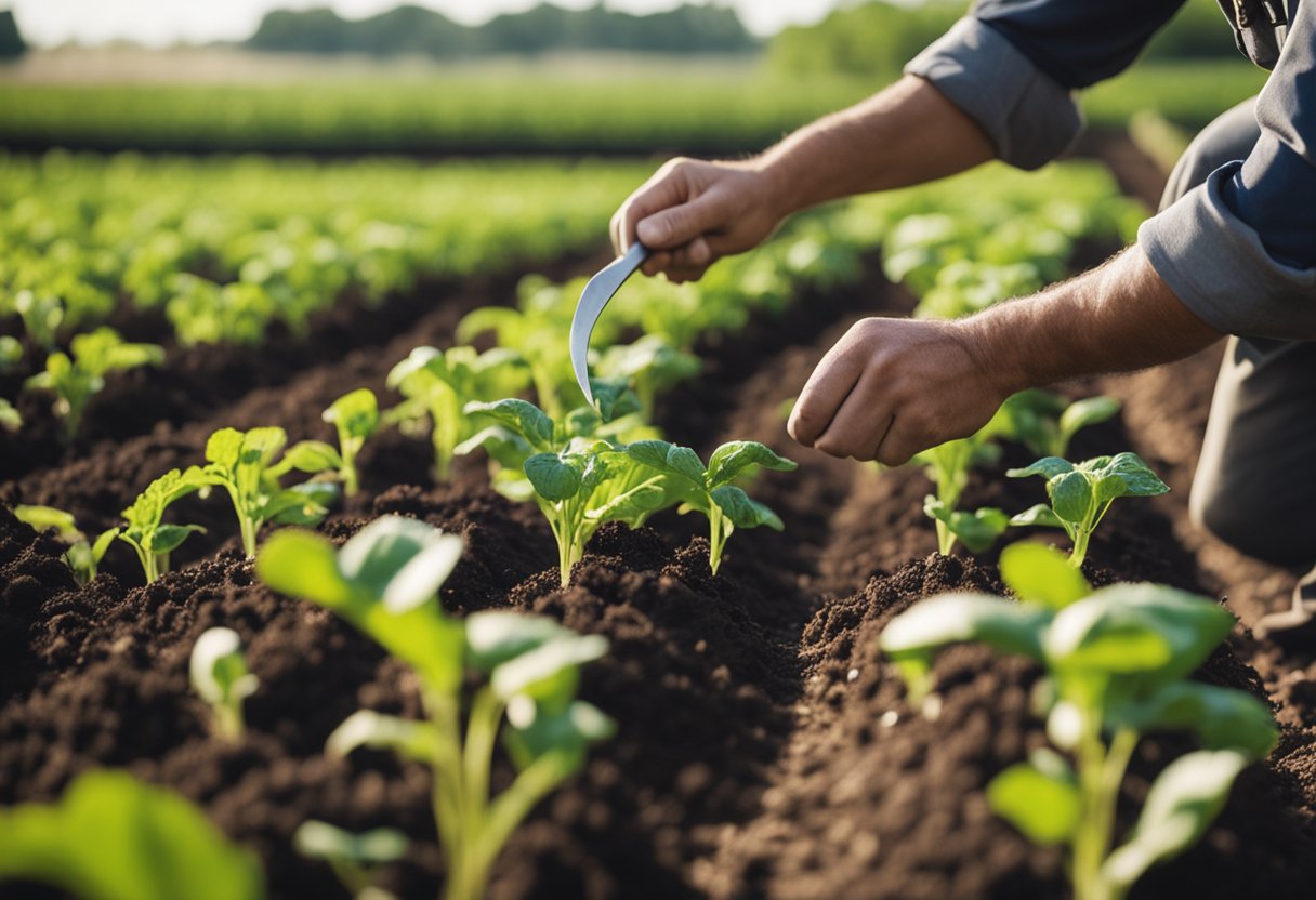 A farmer carefully applies organic fertilizer to rows of vibrant, healthy crops in a sun-drenched field