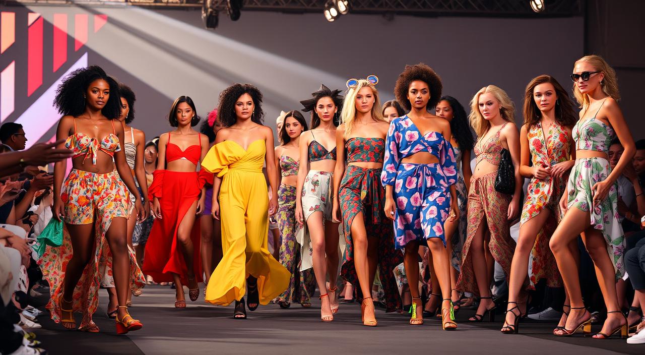 A vibrant summer runway scene featuring diverse models showcasing the latest fashion trends, colorful and bold fabrics, flowing silhouettes, oversized accessories, and innovative footwear, set against an artistic backdrop of bright lights and dynamic angles. The atmosphere exudes energy and creativity, capturing the essence of summer style with playful patterns and textures.