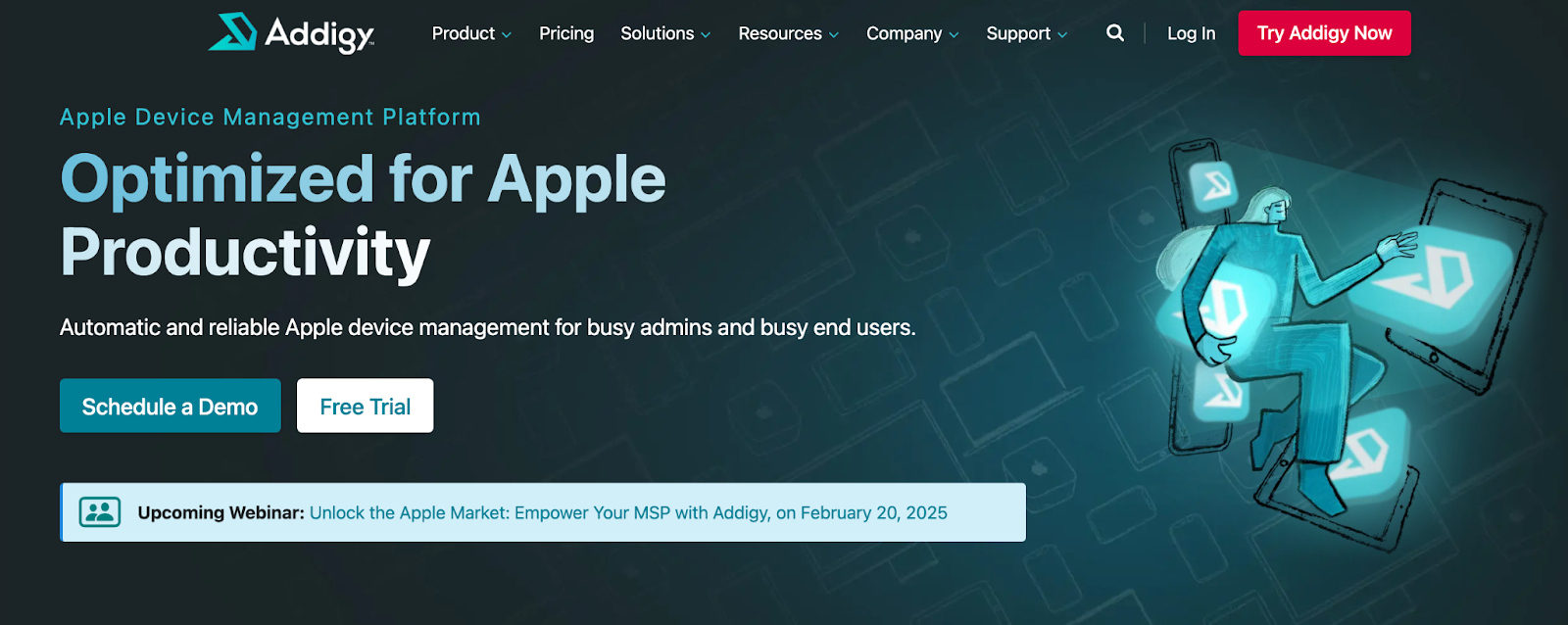 Addigy Homepage picture. It says, "Optimized for Apple productivity."