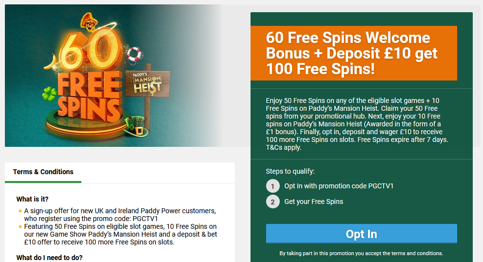 Paddy Power free spins welcome offer