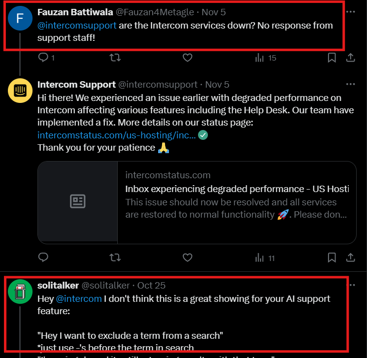 Intercom's dedicated customer support Twitter/X profile replying to disgruntled customer requests