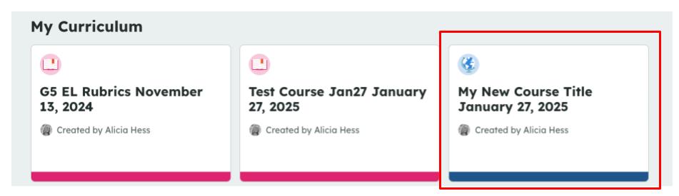 Curriculum dashboard showing three course titles with dates.