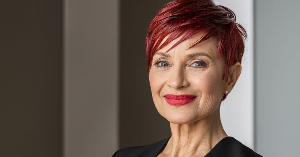 A woman with a long razored pixie cut, featuring striking red hair, wearing a stylish black top.