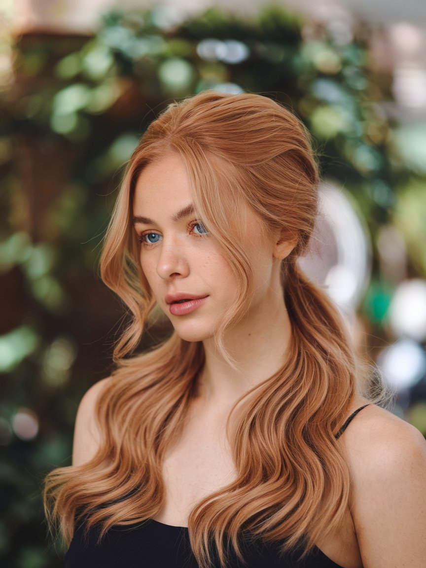 6. Strawberry Blonde Wavy Low Ponytail