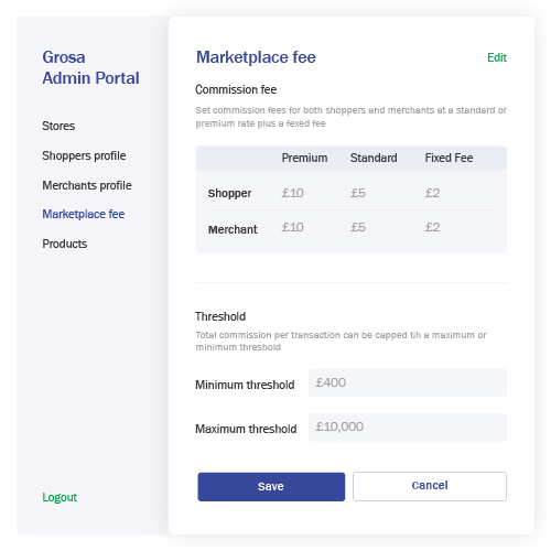 Grosa marketplace fee structure