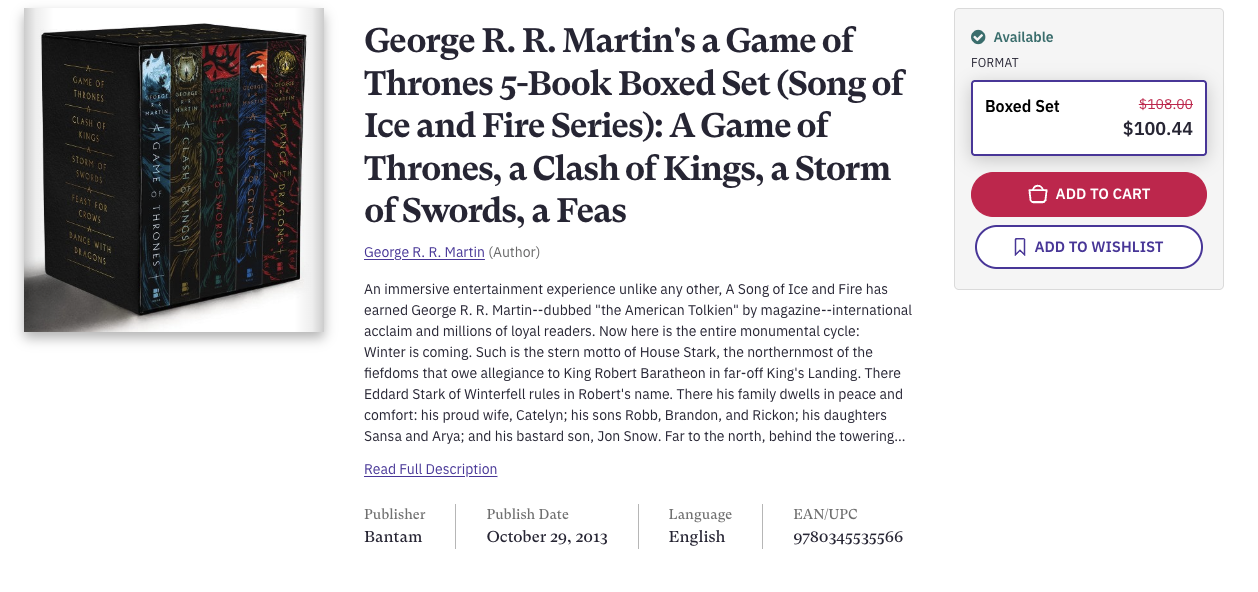 Example book bundle with books 1-5 of George R. R. Martin's fantasy series