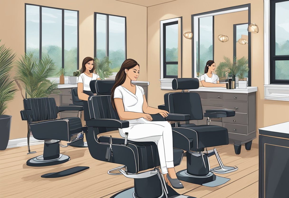 A busy professional in Hackensack sits comfortably in a chic salon chair, while a skilled technician applies lash extensions with precision and care