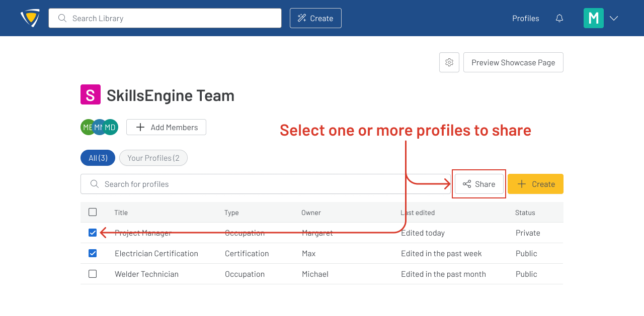 Screenshot of an organization page with one red arrow showing that multiple profiles have been selected and another pointing to the Share button. 