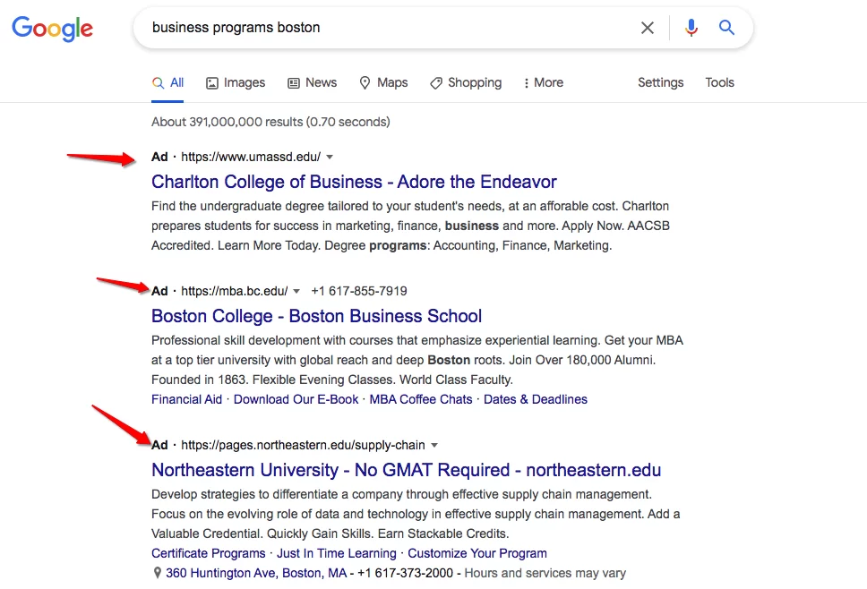 Example of PPC advertising for colleges 