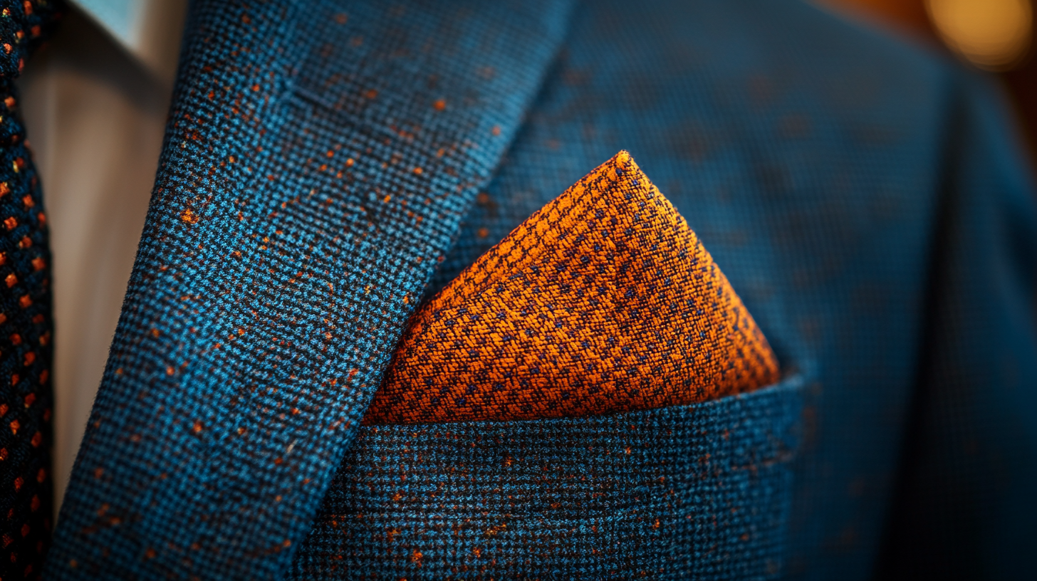 
A close-up of a suit with a pocket square in a complementary color to create a striking contrast. For example, a deep blue suit with an orange pocket square, or a green suit with a red pocket square. The bold contrast between the colors is sharp and eye-catching, with soft lighting enhancing the vibrant pairing. The overall effect is dynamic and attention-grabbing, perfect for making a statement at special events or occasions