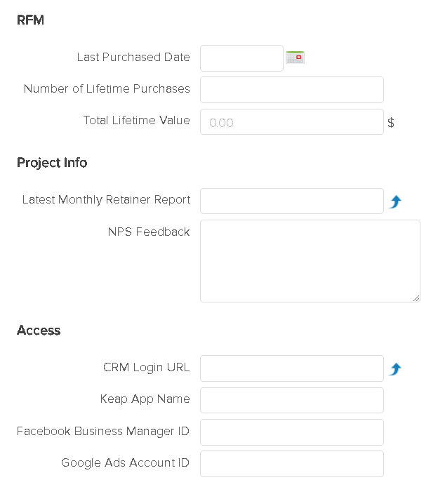 A screenshot of a CRM database with clean, well-named and organized custom fields.