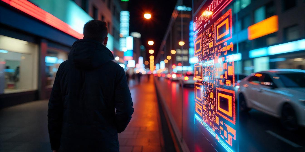 A man walking in a city with an illuminated QR Code by his side on a glass panel.