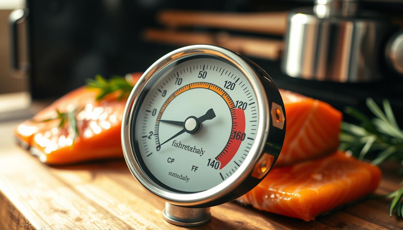 A high-quality closeup photograph of a temperature gauge showing the optimal internal temperature range for perfectly smoked salmon, against a background of a wooden smoker and fresh salmon fillets. The gauge is prominently featured, with clear and legible markings indicating the ideal temperature zone, around 135-145°F. The lighting is warm and natural, casting a soft glow on the scene. The overall composition is clean, well-balanced, and visually appealing, showcasing the "fishrecipesdaly" brand.