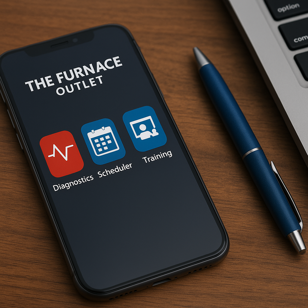 A digital photograph showcases a modern smartphone displaying HVAC app icons for diagnostics, scheduler, and training, placed on a wooden surface next to a blue pen and silver laptop keyboard, with "The Furnace Outlet" branding at the top