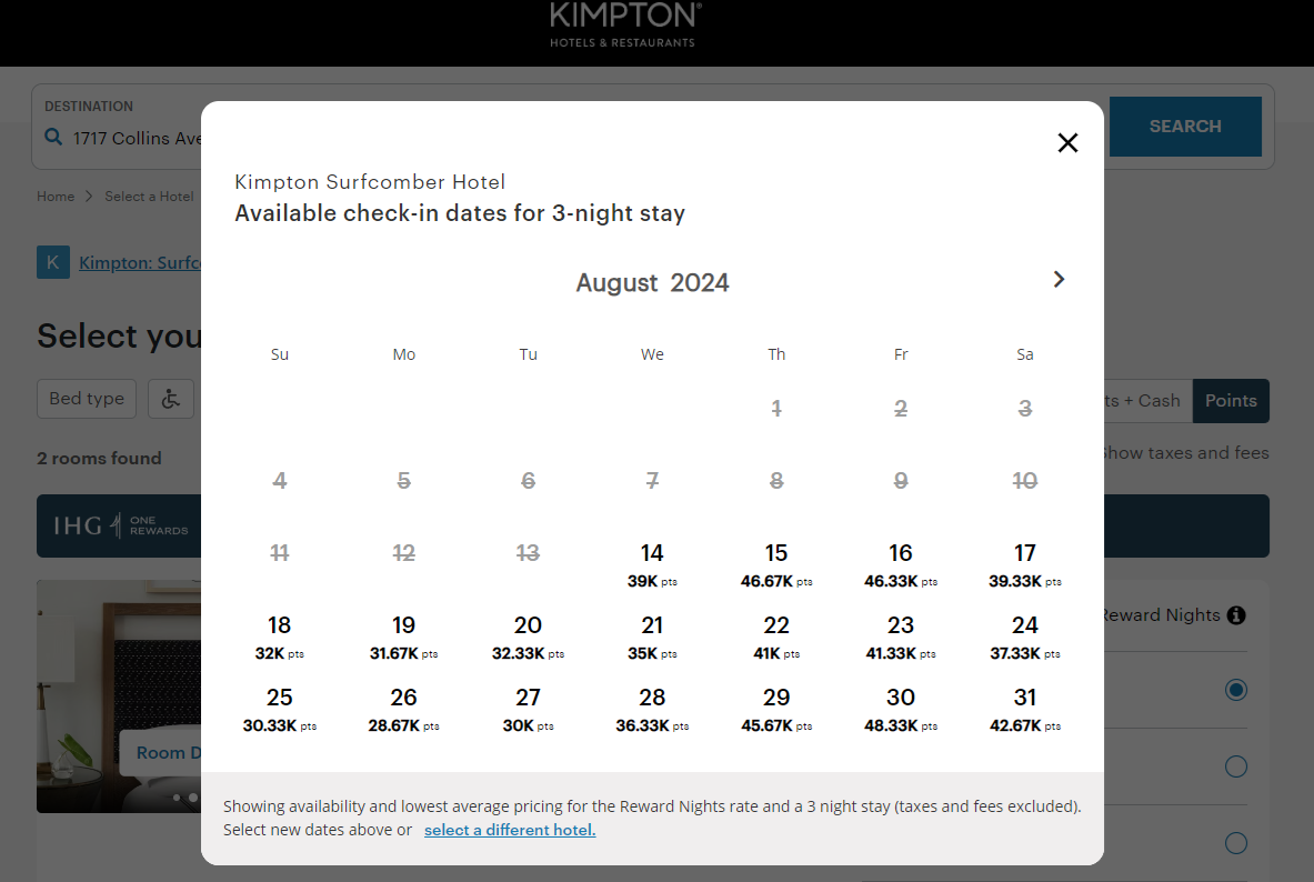 August Kimpton Surfcombe booking price calendar for points