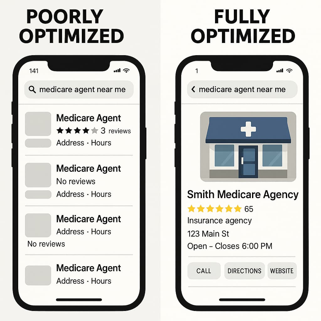 Local search results comparison showing optimized vs unoptimized Google Business Profile for Medicare supplement leads and health insurance marketing.