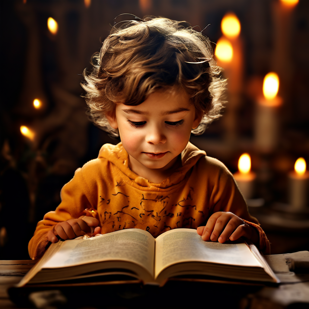 A child mesmerized, reading a book