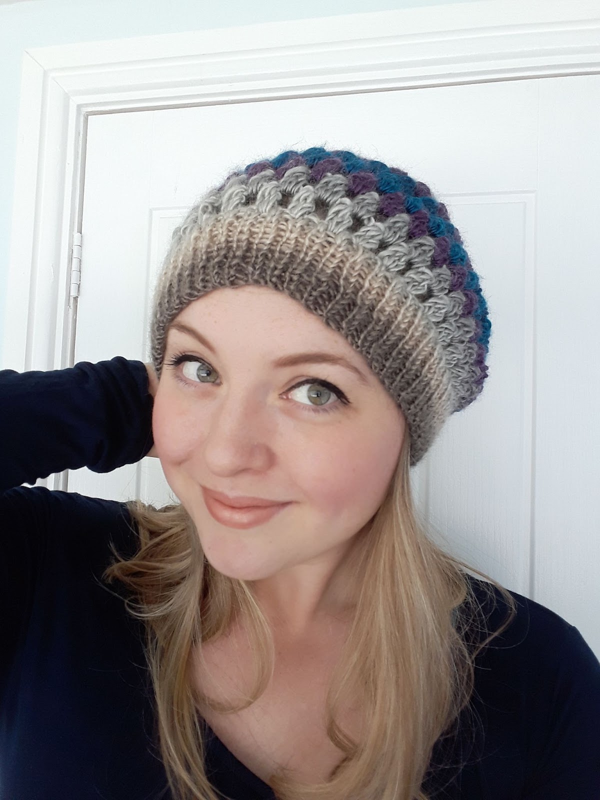 Crochet beanie with a knit brim. /. Granny stitch beanie hat pattern free. Cygnet Boho Spirit Yarn pattern ideas. Easy crochet projects for knitters. 