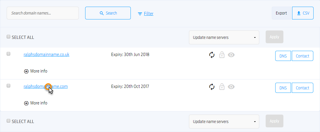 List of owned domains on Fasthosts Control Panel