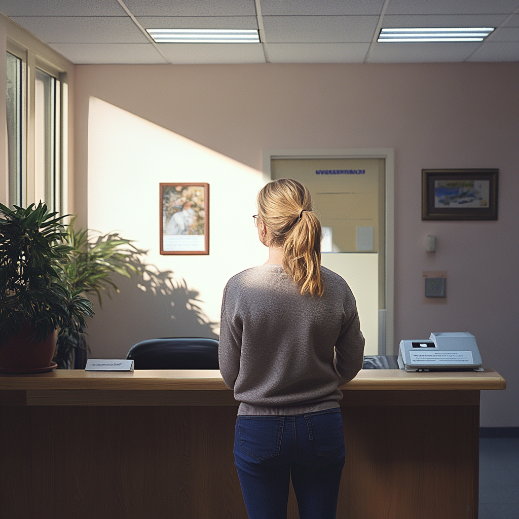 A woman standing at a desk in an orphanage | Source: Midjourney