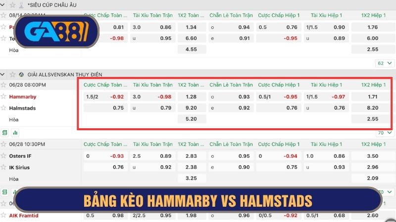 Bảng kèo chi tiết trận Hammarby vs Halmstads 20h00 ngày 28/06/2025