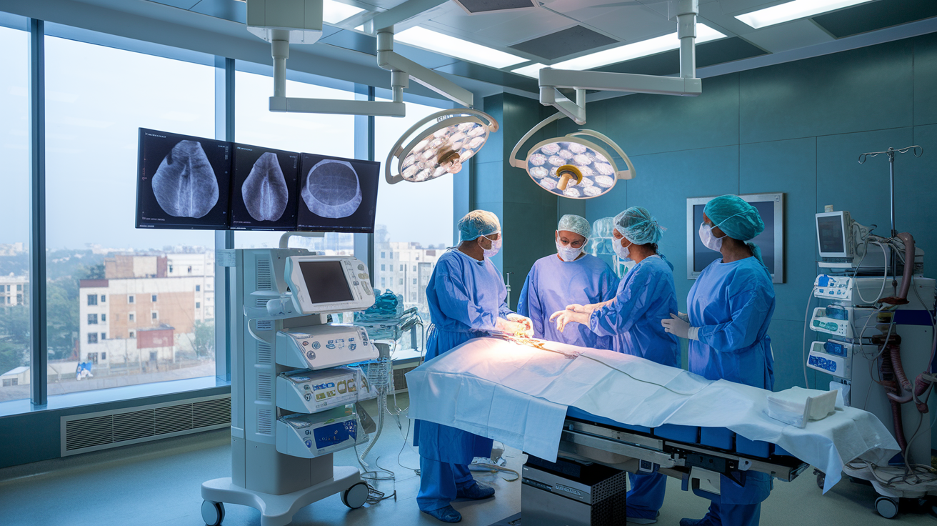 Create a realistic image of a modern operating room in a Lucknow hospital, with advanced surgical equipment and monitors displaying bone scans, a team of surgeons and nurses in sterile gowns performing an orthopedic procedure, and a large window showing the Lucknow cityscape in the background.