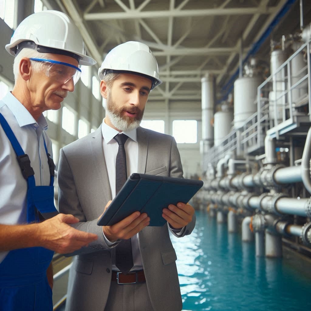 an engineer giving a tour of a water treatment facility