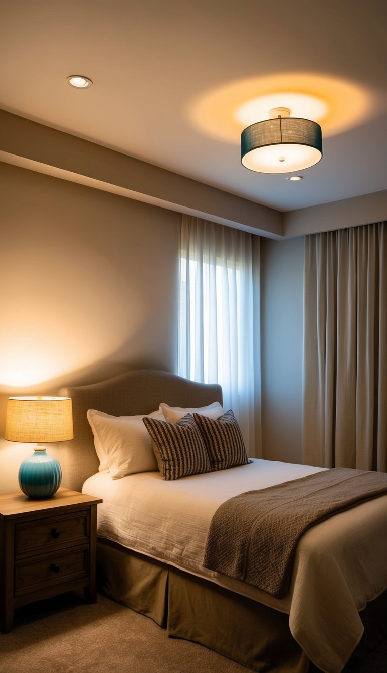 A cozy guest bedroom with layered lighting: a bedside table lamp, a ceiling pendant, and recessed lights, creating a warm and inviting ambiance